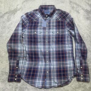 Lucky Brand Shirt Men's S Blue Red True Indigo Western Pearl Snaps Plaid NEW